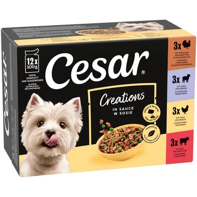 Cesar Creations kastikkeessa, 12x100g. Lajitelma: 3x kalkkuna porkkanalla, 3x lammas vihanneksilla, 3x kana herneillä, 3x naudanliha porkkanalla. 100 % täysipainoinen ja tasapainoinen. Cesar Creations kastikkeessa, 12x100g. Lajitelma: 3x kalkkuna porkkanalla, 3x lammas vihanneksilla, 3x kana herneillä, 3x naudanliha porkkanalla. 100 % täysipainoinen ja tasapainoinen.