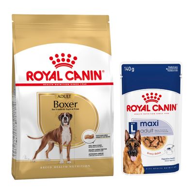 Royal Canin Breed 1,5 à 12 kg pour chien + aliment humide : 15 % de remise ! - Boxer Adult (12 kg) + sachets Maxi Adult en sauce (10 x 140 g)