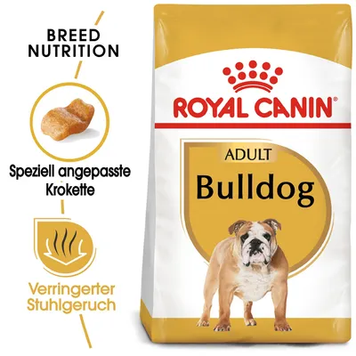 Royal Canin Adult Bulldog Trockenfutter mit speziell angepasster Krokette und reduziertem Stuhlgeruch. Breed Nutrition für ausgewachsene Bulldogs.