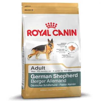 Product packaging showing food for adult German Shepherds over 15 months, with features including digestive performance, healthy skin and coat, bone and joint health, and exclusive kibble shape.