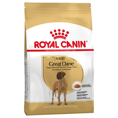 Saco de pienso Royal Canin Adult Great Dane para perros, texto visible: Dogue Allemand/Deutsche Dogge/Alano, a partir de 24 meses. Imagen de un gran danés y croqueta en el envase.