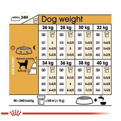 Таблица с насоки за хранене на кучета според тегло от 26 до 40 кг и ниво на активност; показани са грамажи и мерителни чаши за дневна дажба. 1 чаша = 240 мл (≈74 г).