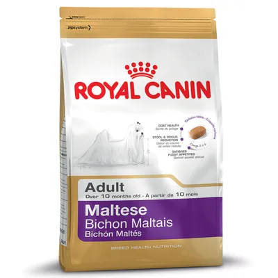 Bag labelled Royal Canin Adult Maltese, over 10 months old. Highlights: coat health, stool and odour reduction, satisfies fussy appetites, exclusive kibble with omega 3 and 6.