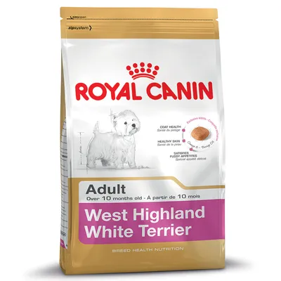 Product packaging showing Royal Canin Adult West Highland White Terrier food, with features highlighted: coat health, healthy skin, satisfies fussy appetites, and exclusive kibble shape.