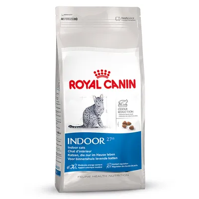 Product image showing Royal Canin Indoor 27 with odour reduction, moderate energy content and hairball regulation features highlighted on the packaging.