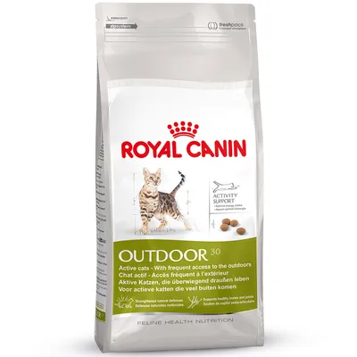 Bag labelled Royal Canin Outdoor 30, for active cats with frequent outdoor access. Features activity support, strengthened natural defences, and healthy bones and joints.