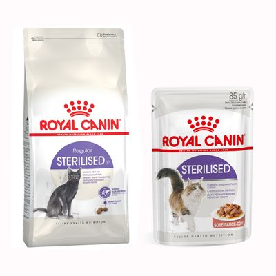 Royal Canin Regular Sensible 33 Trockenfutter und Digest Sensitive Nassfutter für Katzen. Angebot mit Prozentzeichen sichtbar.