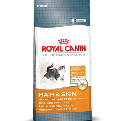 Royal Canin Feline Care Nutrition Hair & Skin 33. Hud- och pälsvård med synlig effekt på 21 dagar. Omega 3&6, vit. B, zink. Freshpack-förslutning.