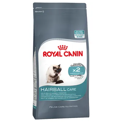 Royal Canin Hairball Care, slika pakiranja s mačkom, tekst: proven results x2 hair excretion in 14 days, ideal during moulting, Feline Care Nutrition.