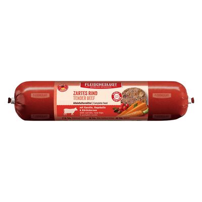 Fleischeslust Frischer Lachs mit Karotte, Kokosflocken und Spirulina. Alleinfuttermittel, 100% aus frischem Fleisch.