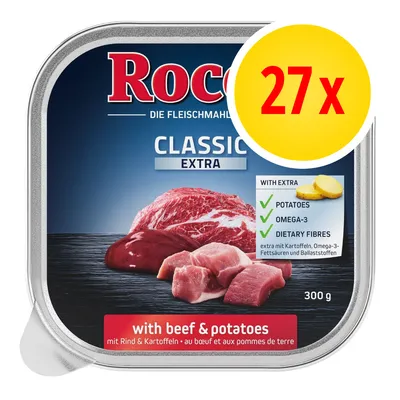 Pack of 27 trays, each 300g, with beef and potatoes, contains extra potatoes, omega-3, and dietary fibres as shown on the packaging.