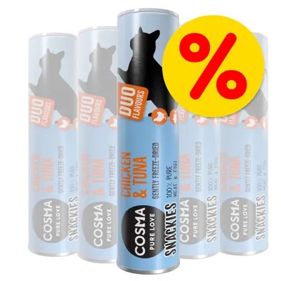 Cosma Snackies Duo Flavours Chicken & Tuna, gently freeze-dried, 100% pure meat and fish. Promotional percentage symbol shown.