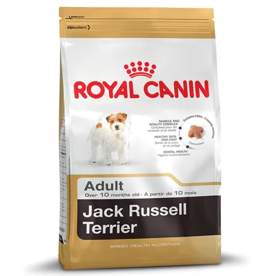 Vreća hrane Royal Canin Jack Russell Terrier Adult, vidljiv pas Jack Russell, tekst: Adult Over 10 months old, prikaz oblika granule, istaknute prednosti na engleskom jeziku.