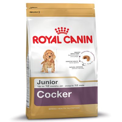 Royal Canin Junior Cocker, hrana za štence do 12 mjeseci. Vidljiv pas, tekst: Healthy skin & coat, Digestive health, Natural defences. Pakiranje zipsystem.