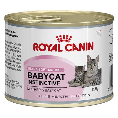 Blik Royal Canin Ultra Soft Mousse Babycat Instinctive, Mother & Babycat, Feline Health Nutrition, 195g. Afbeelding van volwassen kat en kitten op het etiket.