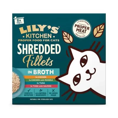 Lily's Kitchen Shredded Fillets per gatti 8 x 70 g  - Mix in brodo (2x Pollo , 2x Pollo con Molluschi, 2x Tonno, 2x Tonno con Salmone)