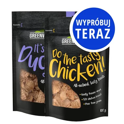 GREENWILD Do the tasty Chicken! 97% chicken breast, bez zbóż, 100 g; It's Duck! widoczne na opakowaniu. Napis: WYPRÓBUJ TERAZ.
