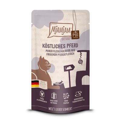 Miamjam Saftiges Huhn an leckeren Möhrchen mit Katzenminze, confezione da 12 buste da 125 g ciascuna, alimento per gatti. Testo visibile: Beste Qualität, hergestellt in Deutschland.