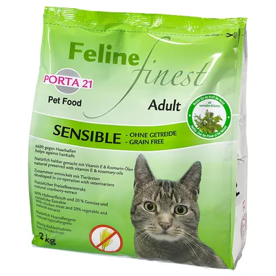 Feline Finest Adult Sensible kissanruoka, viljaton, ehkäisee karvapalloja, sisältää E-vitamiinia ja rosmariiniöljyjä, 80 % kananlihaa, 20 % vihanneksia, luonnollisesti hypoallergeeninen, 2 kg pakkaus. Feline Finest Adult Sensible kissanruoka, viljaton, ehkäisee karvapalloja, sisältää E-vitamiinia ja rosmariiniöljyjä, 80 % kananlihaa, 20 % vihanneksia, luonnollisesti hypoallergeeninen, 2 kg pakkaus.