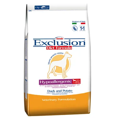 Συσκευασία Exclusion Diet Formula Hypoallergenic για σκύλους, Duck and Potato, 4 kg = 14 ημέρες. Product of Italy. Για μεσαίες φυλές έως 10 kg. Veterinary Formulation. Συσκευασία Exclusion Diet Formula Hypoallergenic για σκύλους, Duck and Potato, 4 kg = 14 ημέρες. Product of Italy. Για μεσαίες φυλές έως 10 kg. Veterinary Formulation.