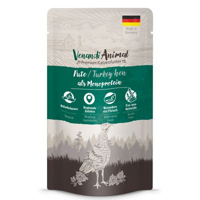 Venandi Animal Premium cibo per gatti, pollo come monoproteina, naturale, ingredienti regionali, alto contenuto di carne, senza cereali. Confezione: 12x125g.