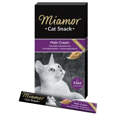 Miamor Cat Snack Malt-Cream με γεύση τυρί. Συσκευασία με εικόνα γάτας, κουταλάκι με κρέμα και κείμενο: Haarballen-Spezialcreme mit Malzextrakten, verdauungsfördernd.