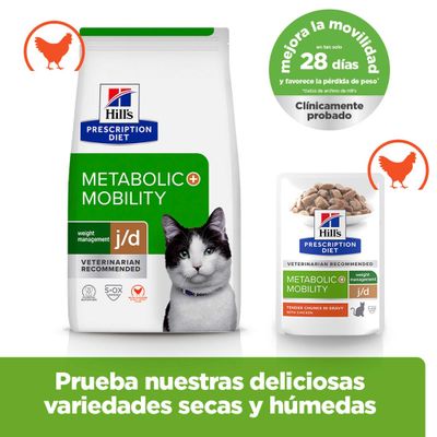 Hill's Prescription Diet Metabolic + Mobility j/d comida seca y húmeda, clínicamente probado, mejora la movilidad en 28 días, con pollo. Recomendado por veterinarios.