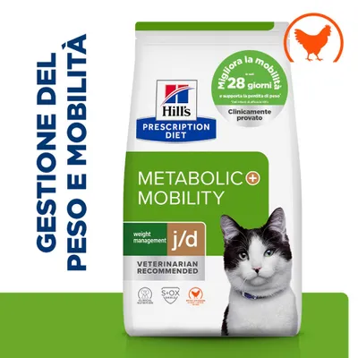 Hill's Prescription Diet Metabolic + Mobility j/d alimento per gatti, supporta la gestione del peso e la mobilità, clinicamente testato, migliora la mobilità in 28 giorni, con pollo.