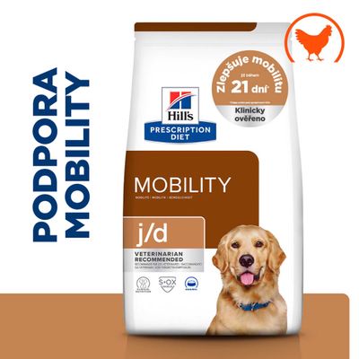 Hill's Prescription Diet Mobility j/d, podporuje pohyblivosť, klinicky testované, odporúčané veterinármi, s kuracím, viditeľný obrázok psa na obale.