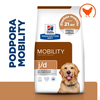 Hill's Prescription Diet Mobility j/d, podporuje pohyblivosť, klinicky testované, odporúčané veterinármi, s kuracím, viditeľný obrázok psa na obale.