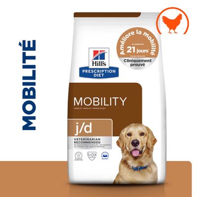Hill's Prescription Diet Mobility j/d, cliniquement prouvé pour améliorer la mobilité en 21 jours, recommandé par les vétérinaires, symbole de poulet, image d'un chien sur l'emballage.
