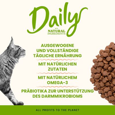 Daily with natural ingredients. Ausgewogene und vollständige tägliche Ernährung, mit natürlichen Zutaten, mit natürlichem Omega-3, Präbiotika zur Unterstützung des Darmmikrobioms.