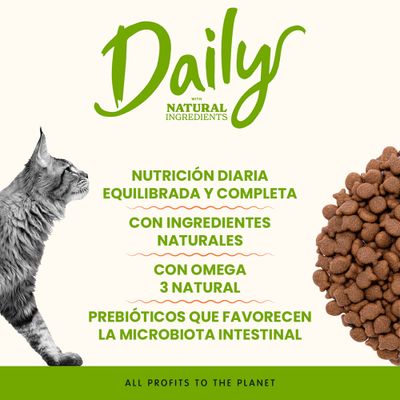 Daily con ingredientes naturales. Alimentación diaria equilibrada, ingredientes naturales, Omega 3, prebióticos para la flora intestinal. Todos los beneficios para el planeta.