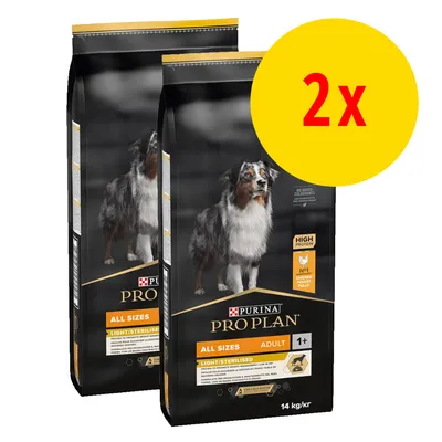 Lot de 2 sacs Purina Pro Plan All Sizes Adult Light/Sterilised, 14 kg chacun, pour chiens adultes. Texte visible : High Protein, No1 Chicken, 1+, sans colorants ajoutés.