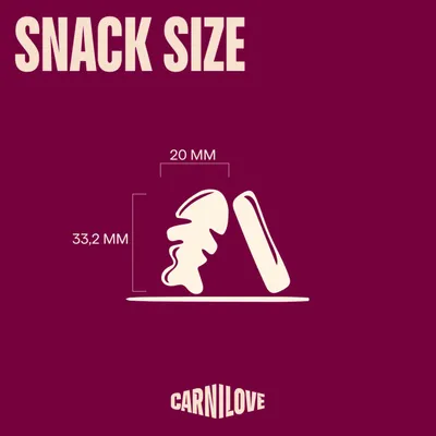 Taille de la friandise : 33,2 mm de haut et 20 mm de large. Carnilove.