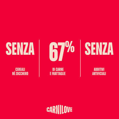 67% carne e frattaglie, senza cereali, zucchero o additivi artificiali. Carnilove.