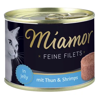 Miamor Feine Filets -kissanruokapurkki, In Jelly, mit Thun & Shrimps. Etiketissä valkoinen kissan kuva ja kalan sekä katkaravun fileepala. Teksti saksaksi.