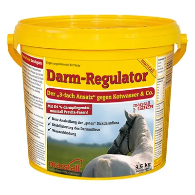 Găleată galbenă marstall Darm-Regulator 3,5 kg pentru cai, text vizibil în germană: 'Der 3-fach Ansatz gegen Kotwasser & Co.', imagine cu cal pe etichetă.