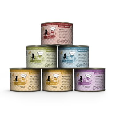 Catz finefood Ragout Nr. 609, maiale e vitello, senza cereali, senza test sugli animali, senza zuccheri aggiunti, 95% carne e liquido di cottura.