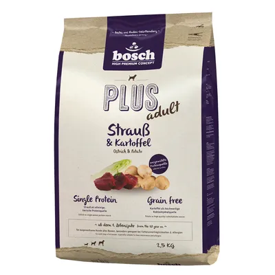 Bosch Plus Adult pštros a brambor, jedno bílkovinné, bez obilovin, od 1. roku věku, 2,5 kg. Vybrané suroviny neobsahují alergenní složky.
