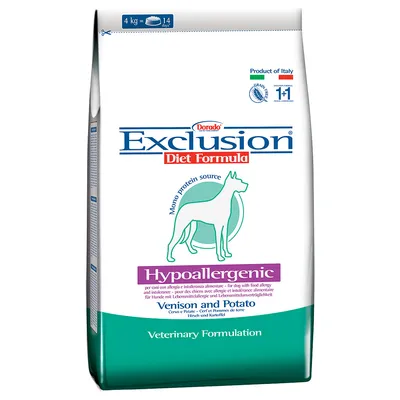 Exclusion Diet Formula Hypoallergenic Venison and Potato hundfoder, 4 kg, mono protein source, Veterinary Formulation. Produkt från Italien. Räcker i 14 dagar enligt förpackning.