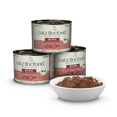 Catz Finefood Bio Huhn, DE-ÖKO-006, ohne Zuckerzusatz, keine Tierversuche, getreidefrei, 94% Fleischanteil, hergestellt aus biologischer Landwirtschaft.