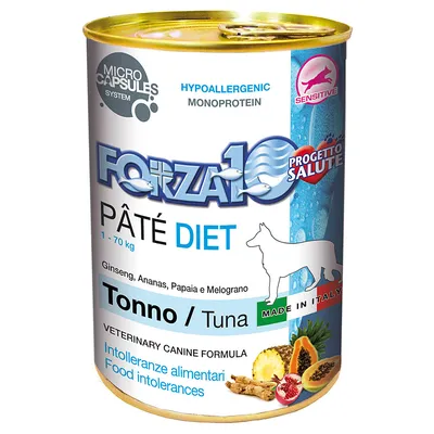 Lata de Forza10 Pâté Diet Tonno/Tuna para perros, fórmula veterinaria monoproteica hipoalergénica, con ginseng, piña, papaya y granada. Indicado para intolerancias alimentarias.