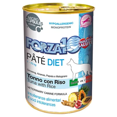 Forza10 Pâté Diet Tonno con Riso kutyakonzerv, hypoallergén, monoprotein, 1–70 kg, ginseng, ananász, papaya, gránátalma, Made in Italy, ételintolerancia esetére
