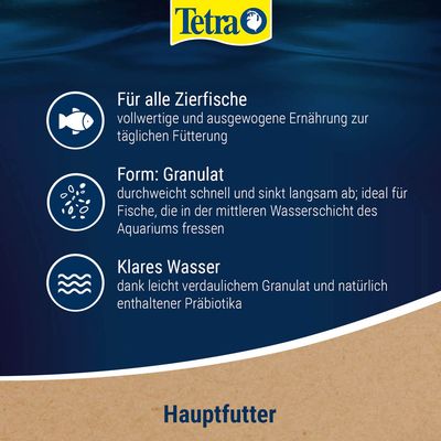 Tetra. Für alle Zierfische, Form: Granulat, Klares Wasser, Hauptfutter. Texte explicatifs en allemand sur l’alimentation équilibrée, la forme granulé et l’eau claire pour poissons d’aquarium.