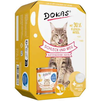 DOKAS Lick and Go Cat Drink Chicken, with 30% meat content, 6x can, free sealing lid included. DOKAS Lick and Go Cat Drink Chicken, with 30% meat content, 6x can, free sealing lid included.