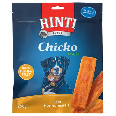 Rinti Extra Chicko Maxi, 100 % kycklingfilé, stora kycklingstrimlor, 250 g, för långvarig tuggning.