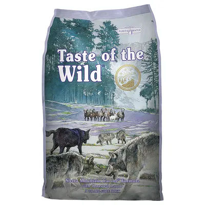 Opakowanie Taste of the Wild, widoczny napis: Sierra Mountain Canine Formula with Roasted Lamb, A Grain-Free Diet, ilustracja wilków i owiec, znak Purified Water.