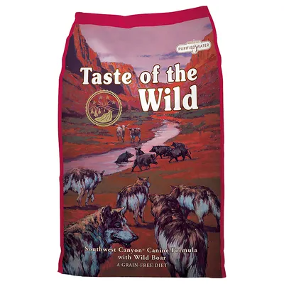 Taste of the Wild Southwest Canyon Canine Formula with Wild Boar, A Grain-Free Diet. PURIFIED WATER. Billede af ulve og vildsvin i canyon-landskab på posen.