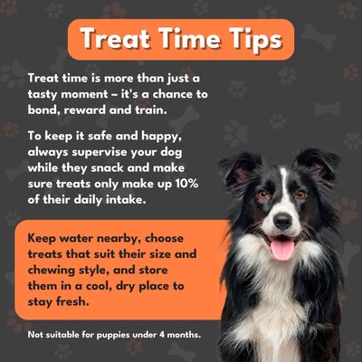 Tips for rewarding: Supervise your dog while snacking, snacks should make up only 10% of the daily ration, provide fresh water, choose suitable snacks, store in a cool, dry place. Not suitable for puppies under 4 months.